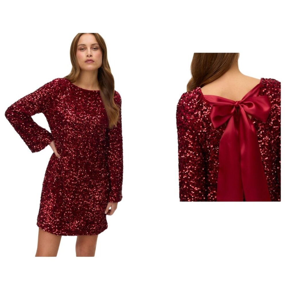 Red Sequin Velvet Velour Satin Tie Dress‎ Size L Party Holiday Wedding Cocktail